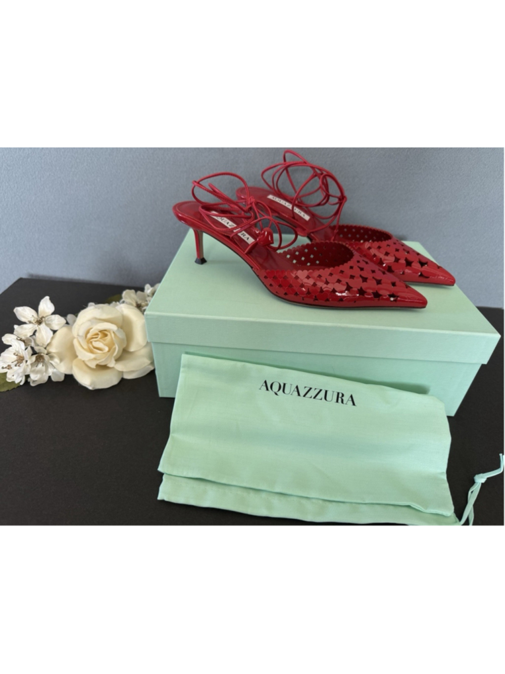 Aquazzura Amourose 50 Pump Red Patent Leather Heart Cutout Heels Size 37